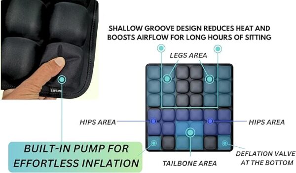 Air Bubble Inflatable Seat Cushion with Built-in Pump - 36 Cell Adjustable Pressure Relief - Portable Travel Cushion for Car Office Airplane - 42cm*42cm*3cm - Image 7